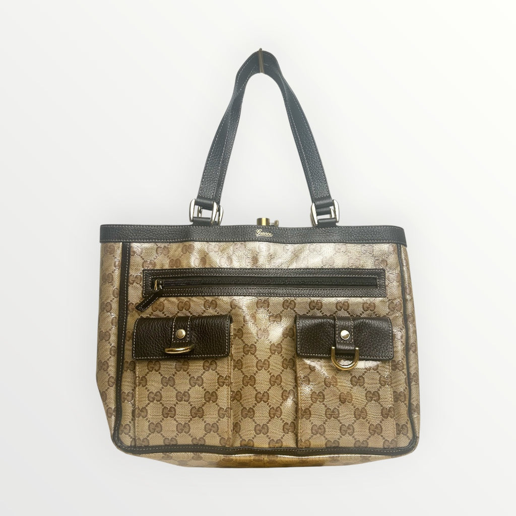 Gucci Brown GG Crystal Coated Canvas Abbey Pocket Tote Bag