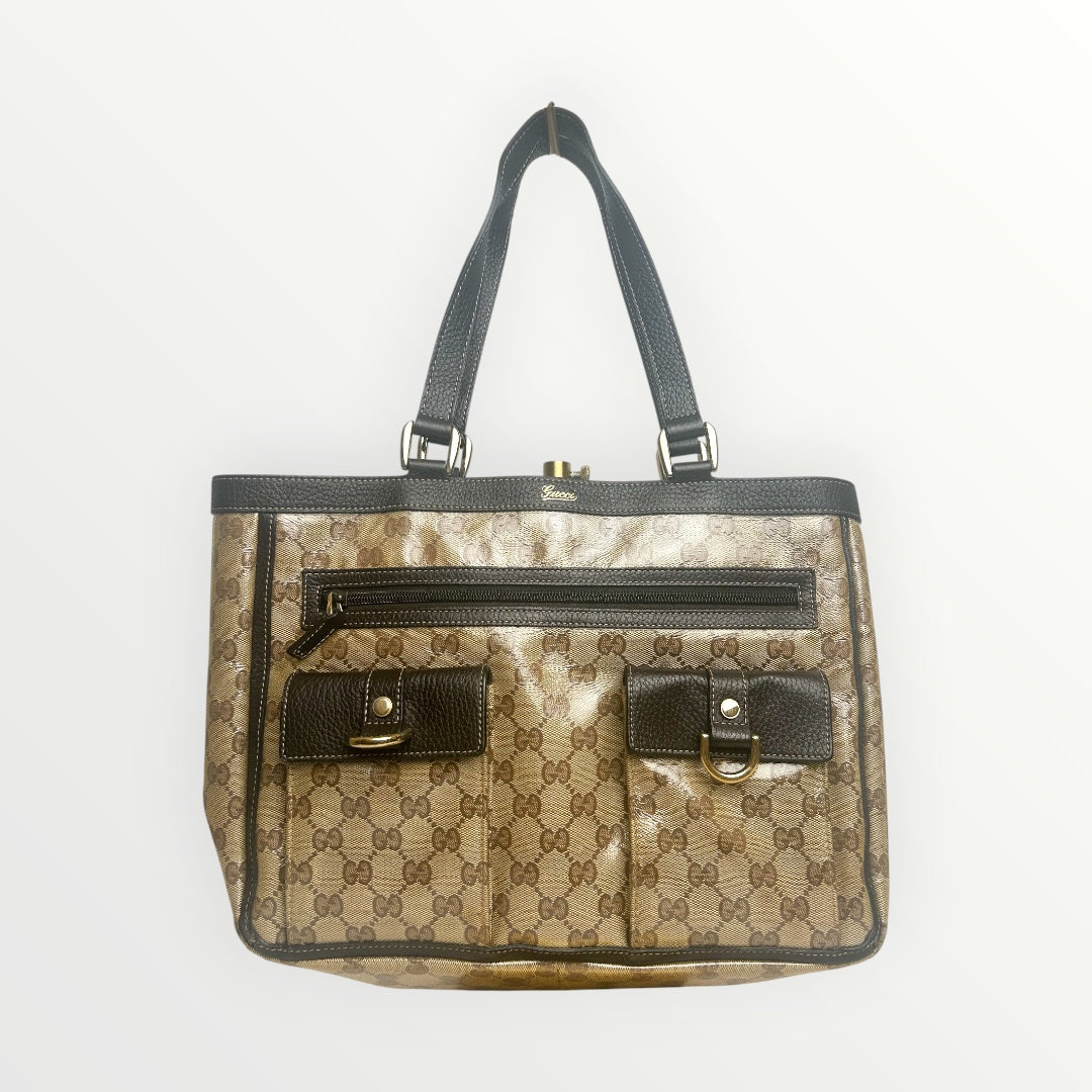 Gucci Brown GG Crystal Coated Canvas Abbey Pocket Tote Bag