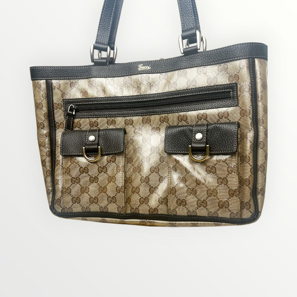 Gucci Brown GG Crystal Coated Canvas Abbey Pocket Tote Bag