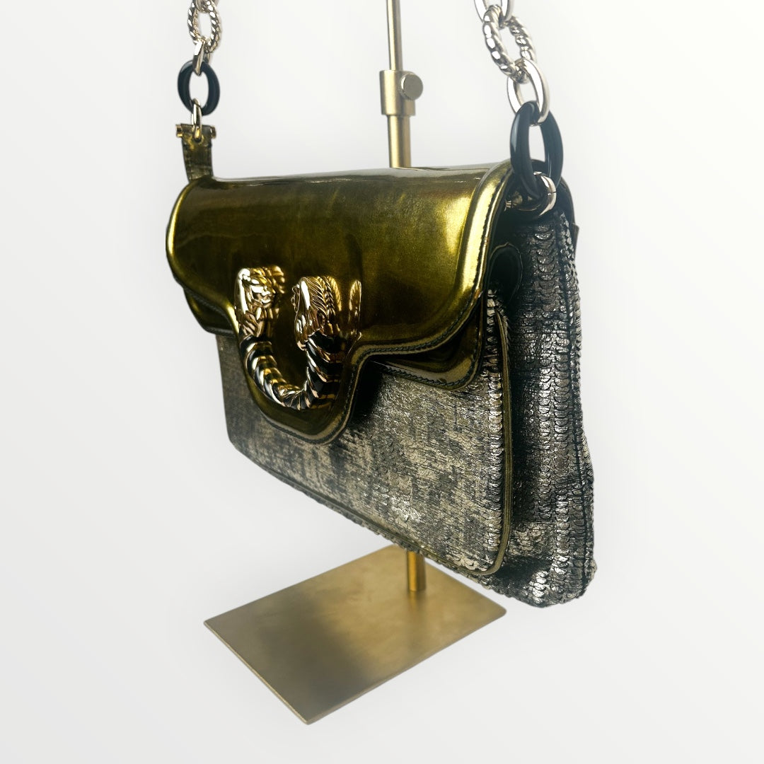 Bvlgari Silver/Gold Patent and Leather Leoni Shoulder Bag