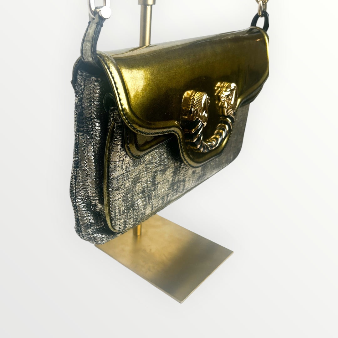 Bvlgari Silver/Gold Patent and Leather Leoni Shoulder Bag