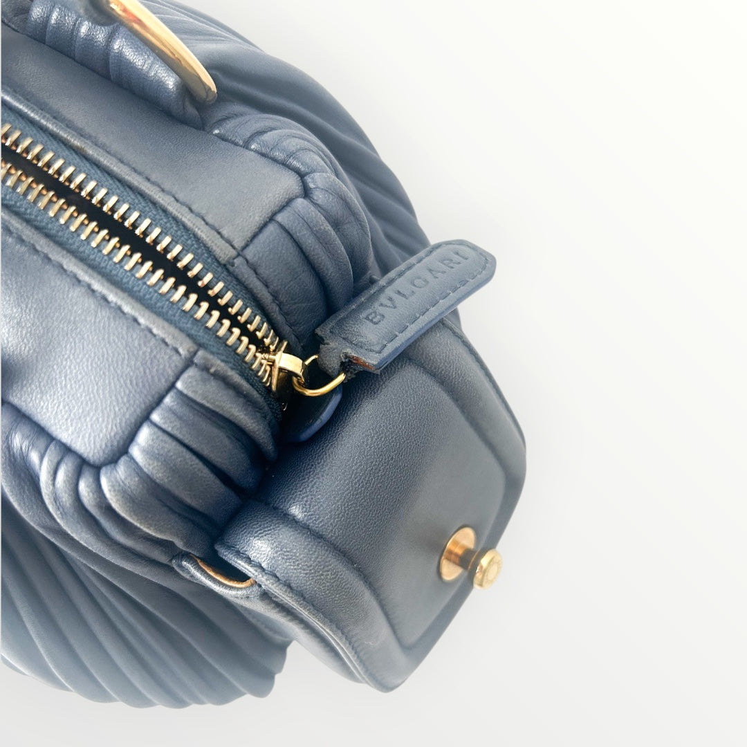Bvlgari Blue Pleated Leather Handle Bag