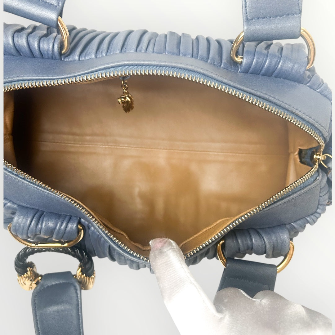 Bvlgari Blue Pleated Leather Handle Bag