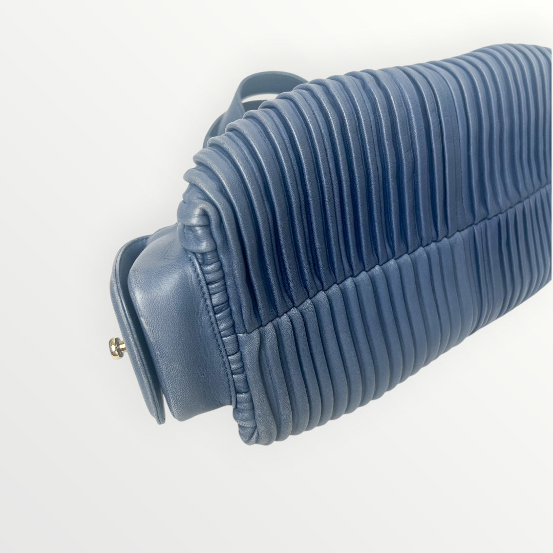 Bvlgari Blue Pleated Leather Handle Bag