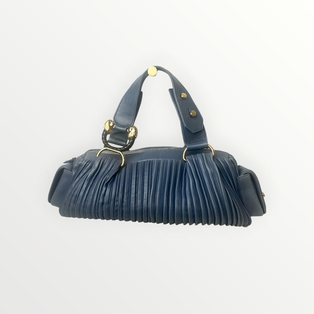 Bvlgari Blue Pleated Leather Handle Bag