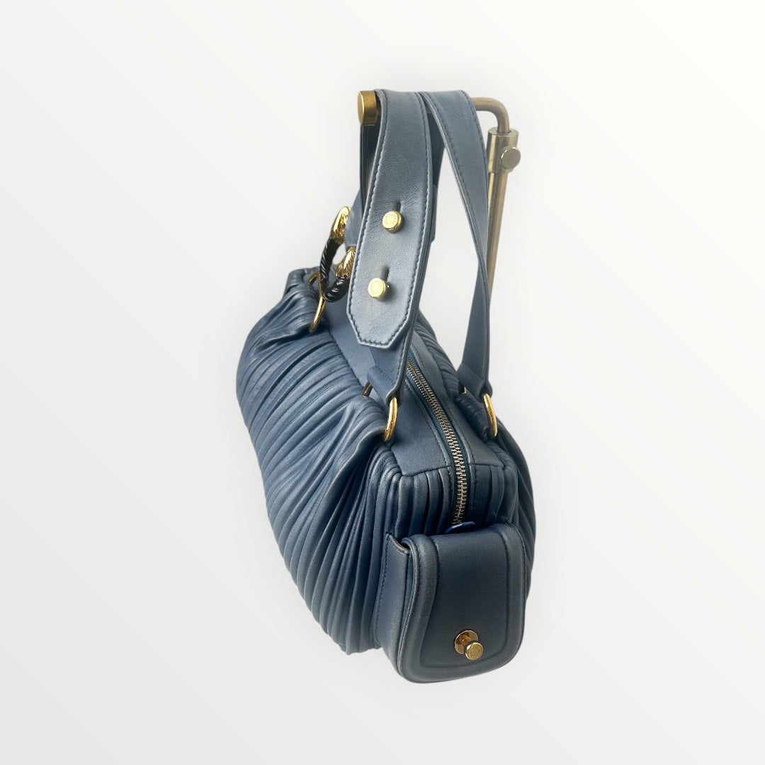 Bvlgari Blue Pleated Leather Handle Bag