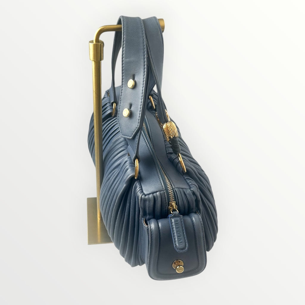 Bvlgari Blue Pleated Leather Handle Bag