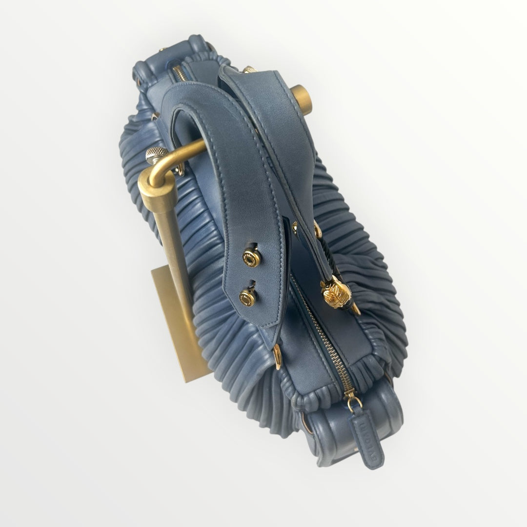 Bvlgari Blue Pleated Leather Handle Bag