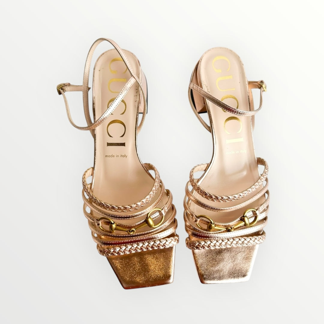 Gucci Metallic Braided Nappa Ketty Horsebid Heeled Sandals