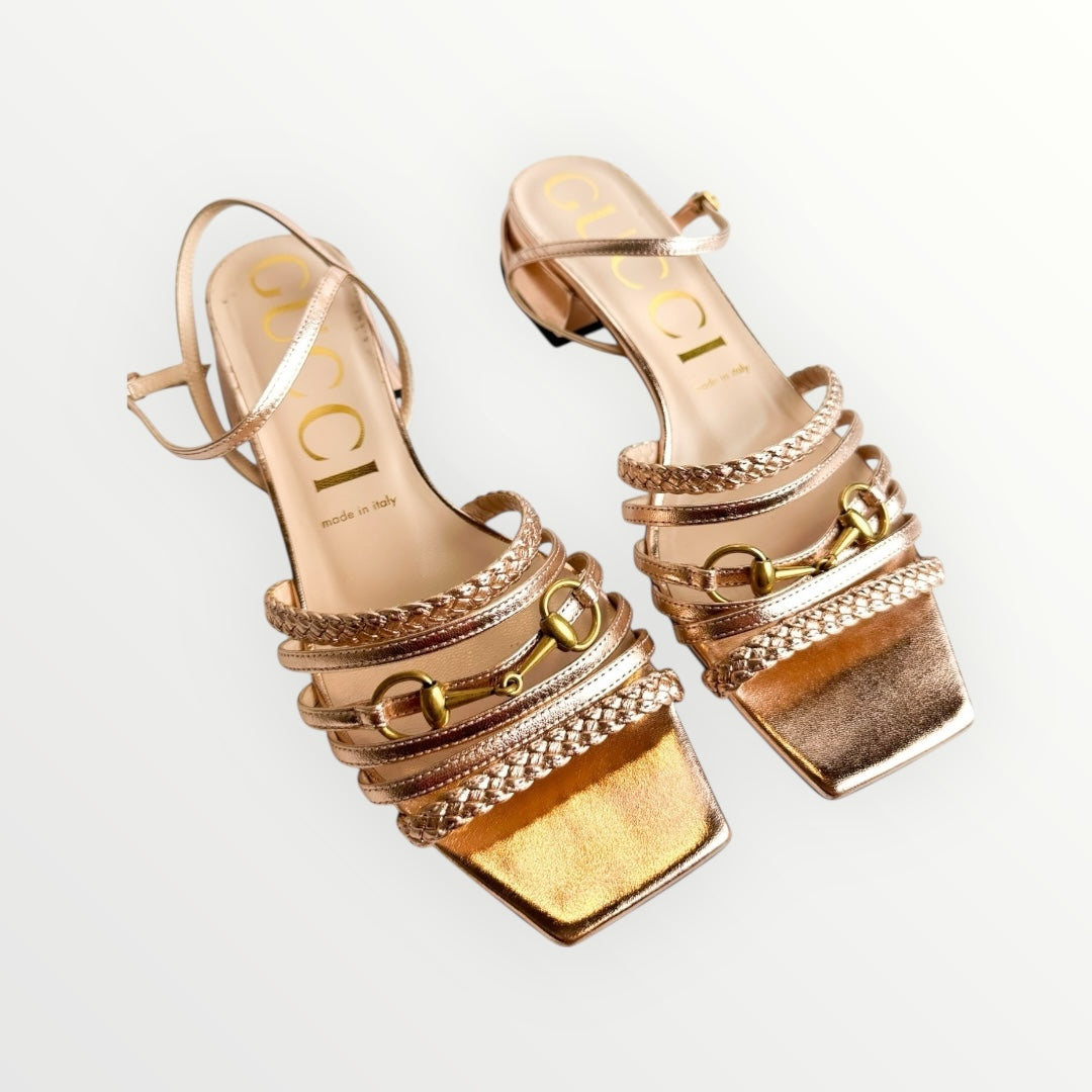 Gucci Metallic Braided Nappa Ketty Horsebid Heeled Sandals