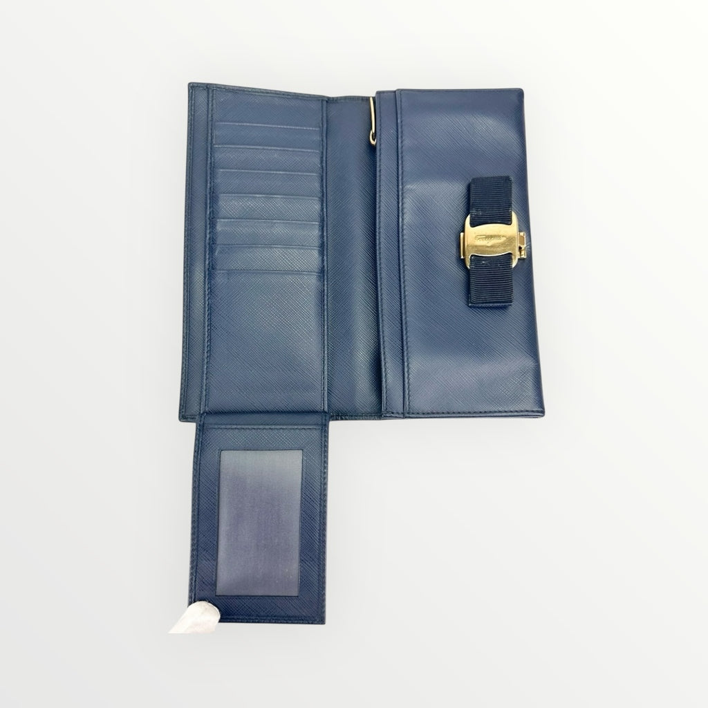 Salvatore Ferragamo Navy Blue Vara Bow Wallet