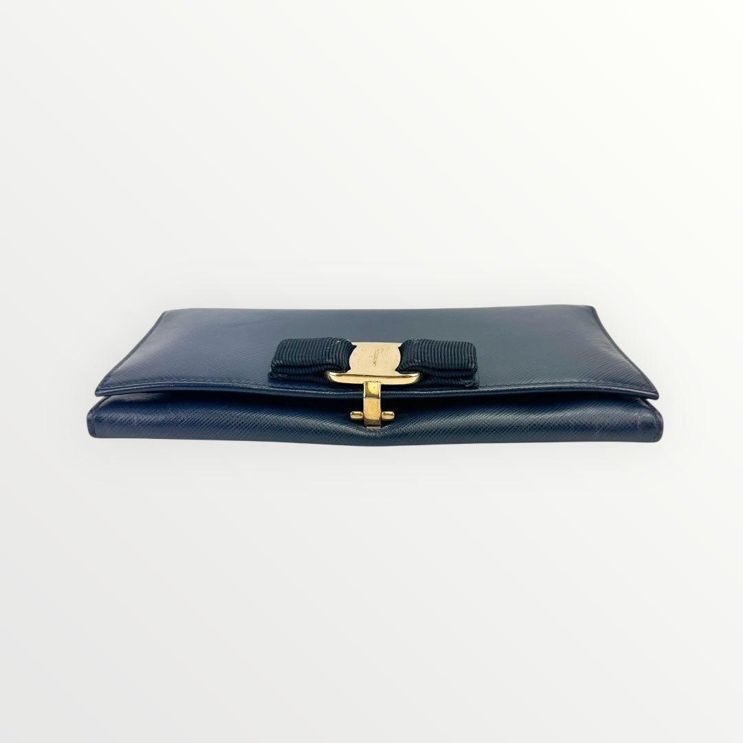 Salvatore Ferragamo Navy Blue Vara Bow Wallet