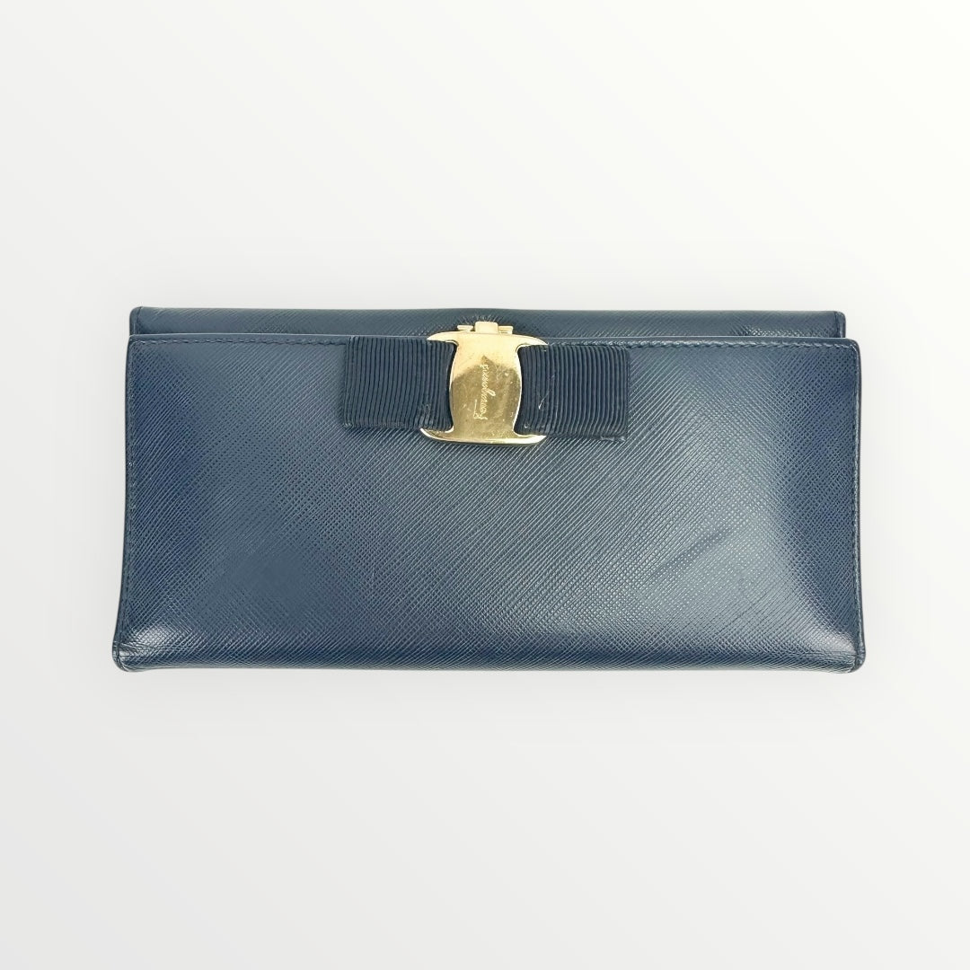 Salvatore Ferragamo Navy Blue Vara Bow Wallet