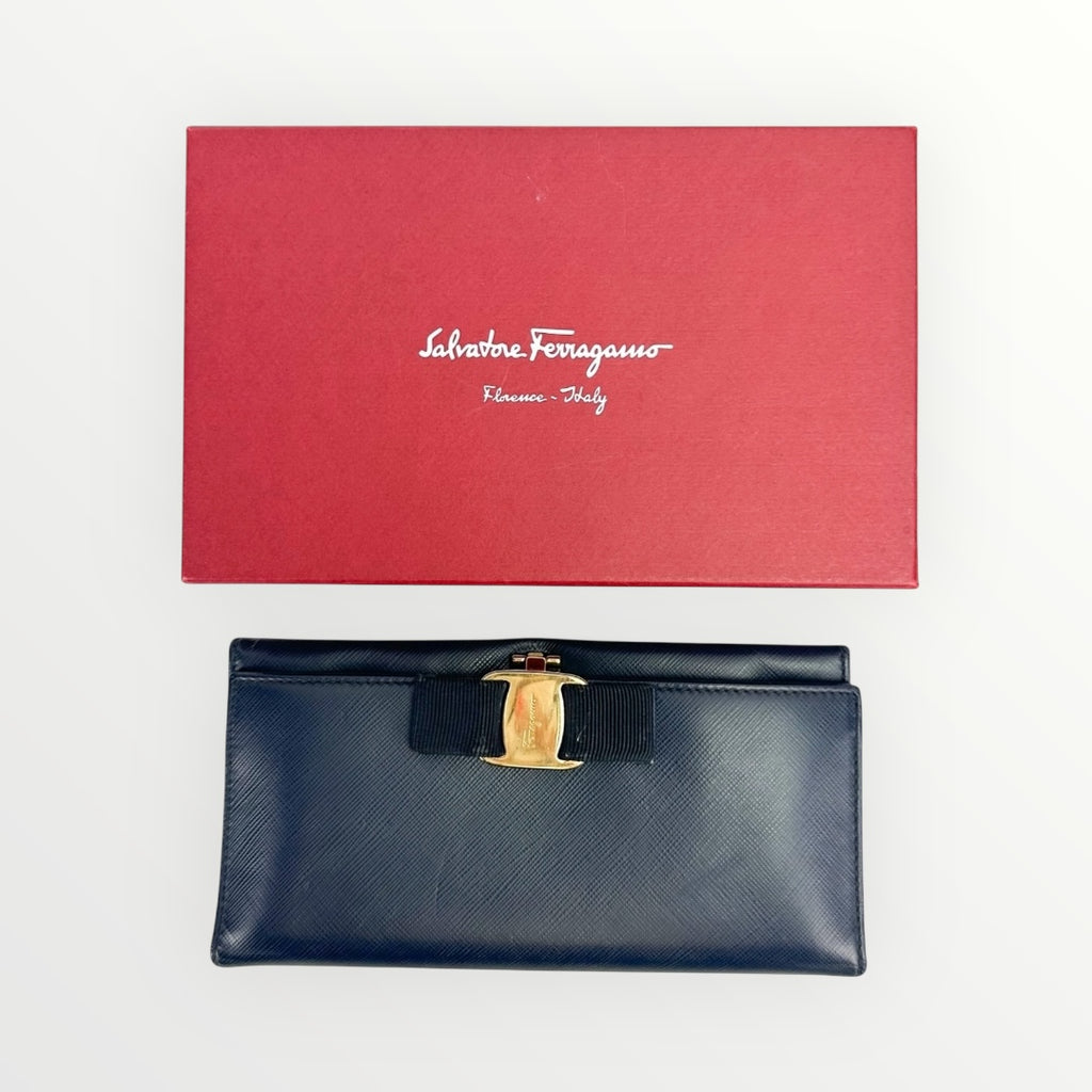 Salvatore Ferragamo Navy Blue Vara Bow Wallet